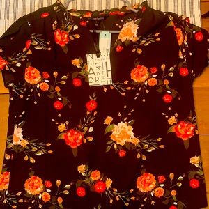 Shirt sleeve blouse, size medium, black with multicolored flowers